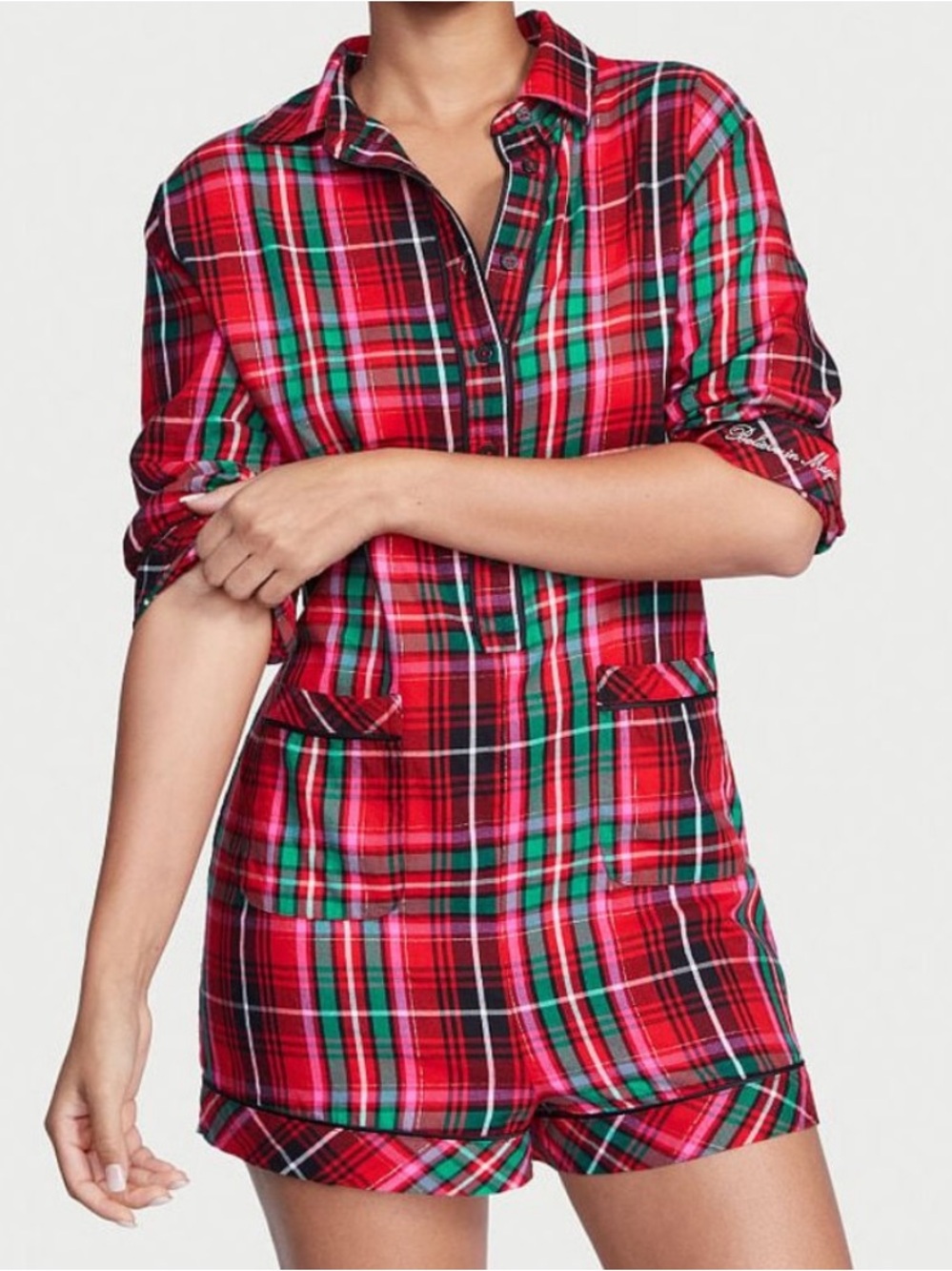 Victoria's Secret Red and Pink Plaid Cotton Short PJ Romper size medium